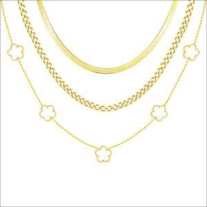3-Piece Layered Necklace Set, 18K Gold Plated Stainless Steel, Stackable Chains